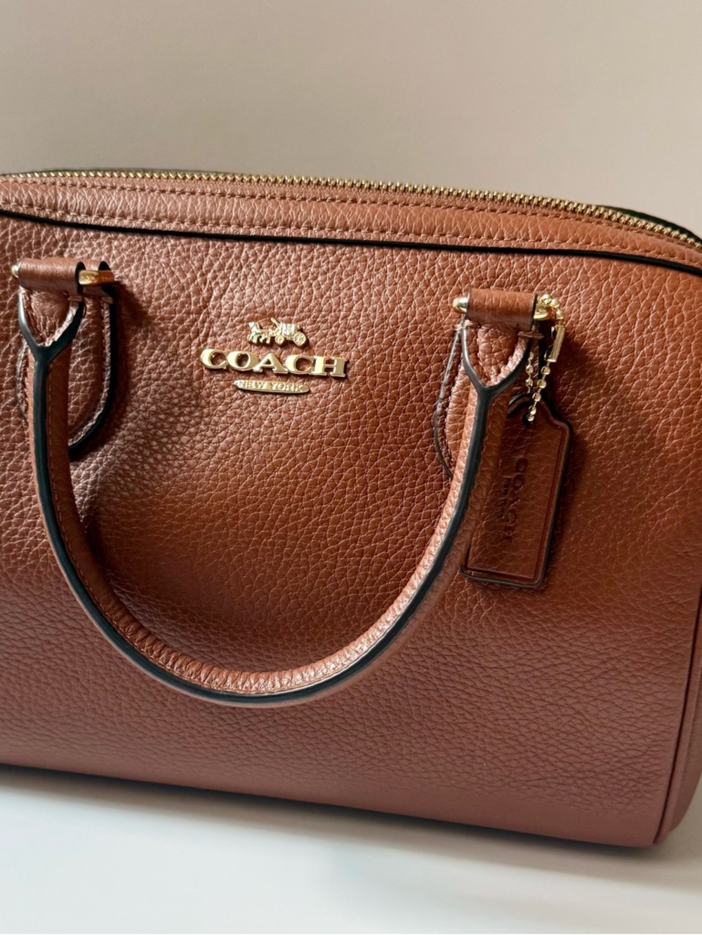 Coach Rowan Brown Pebbled Leather Satchel with Gold Hardware